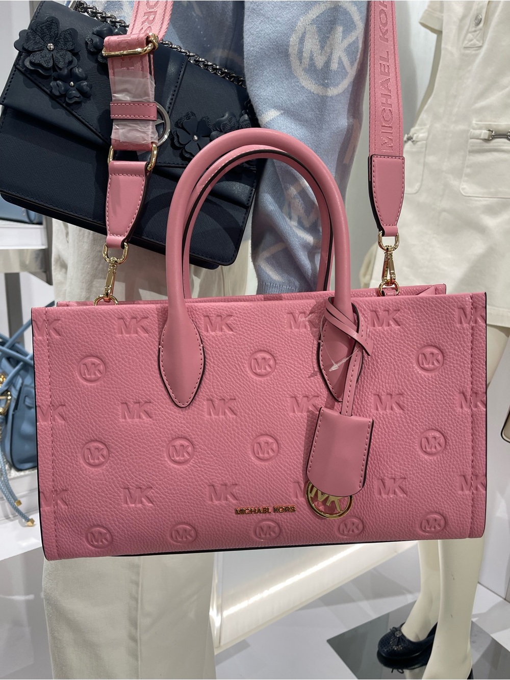 Michael Kors Mirella Med Logo Debossed Satchel Shoulder Tote Handbag Crossbody - Picture 5 of 16